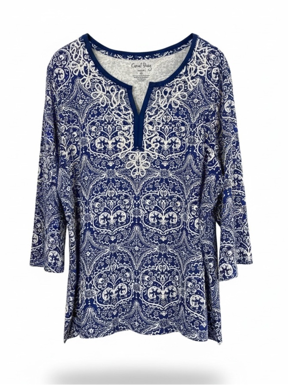 Coral Bay 2X Blue Paisley Boho Beaded Neck Blouse